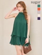 【予約商品/5月上旬発送予定】XSサイズあり【ROBE de FLEURS/ローブドフルール】ホルター/ リボン/ レースプリーツ/ ラメシフォン/ ティアード/ 2段フリル/ フレア/ ミニドレス/ キャバドレス[OF08]