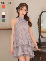 【予約商品/5月上旬発送予定】XSサイズあり【ROBE de FLEURS/ローブドフルール】ホルター/ リボン/ レースプリーツ/ ラメシフォン/ ティアード/ 2段フリル/ フレア/ ミニドレス/ キャバドレス[OF08]