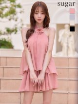 XSサイズあり【ROBE de FLEURS/ローブドフルール】フラワーブローチ/ ホルターネック/ ラメ/ セットアップ/ フレア/ ミニドレス/ キャバドレス[OF08]