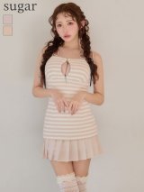 XSサイズあり【ROBE de FLEURS/ローブドフルール】ニット/ ボーダー/ ショルダーリボン/ プリーツ/ バイカラー/ フレア/ ミニドレス/ キャバドレス[OF08]