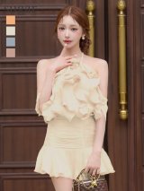 【予約商品/5月下旬発送予定】XSサイズあり【ROBE de FLEURS/ローブドフルール】フラワーブローチ/ サテン/ オーガンジー/ ビジュー/ ホルターネック/ フレア/ セットアップ/ ミニドレス/ キャバドレス[OF08]