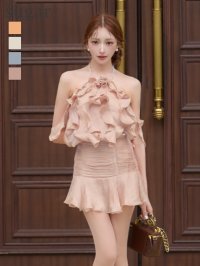 XSサイズあり【ROBE de FLEURS/ローブドフルール】フラワーブローチ/ サテン/ オーガンジー/ ビジュー/ ホルターネック/ フレア/ セットアップ/ ミニドレス/ キャバドレス[OF08]