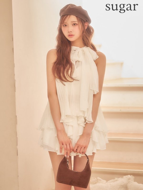 画像1: 【予約商品/9月下旬発送予定】【ここ/関西コレクション着用】XSサイズあり【ROBE de FLEURS/ローブドフルール】リボン/ ホルター/ プリーツシフォン/ セットアップ/ ミニドレス/ キャバドレス[OF08]