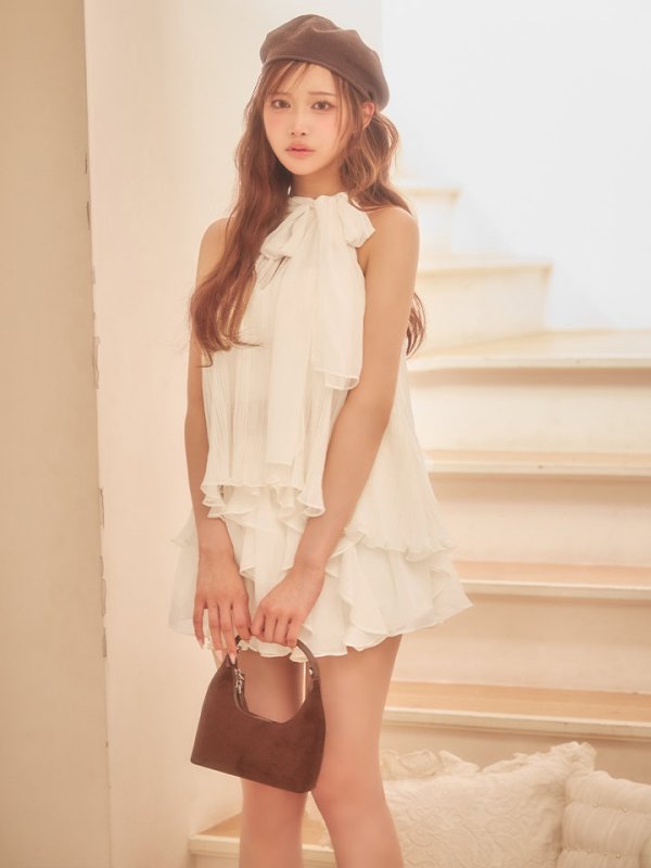 画像4: 【予約商品/9月下旬発送予定】【ここ/関西コレクション着用】XSサイズあり【ROBE de FLEURS/ローブドフルール】リボン/ ホルター/ プリーツシフォン/ セットアップ/ ミニドレス/ キャバドレス[OF08]