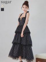 【予約商品/6月下旬発送予定】Lサイズあり【ROBE de FLEURS/ローブドフルール】ドット/ ティアード/ バックリボン/ バストジップ/ ホルターネック/ ロングドレス/ キャバドレスlong[OF08]