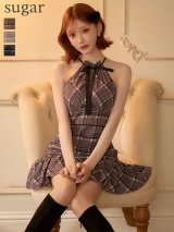 即日発送【ROBE de FLEURS/ローブドフルール】チェック/ シフォン/ ホルターネック/ リボン/ フレア/ ミニドレス/ キャバドレス[OF08]