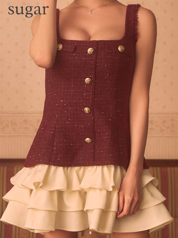 ボルドーxアイボリー　モデル：天海りこ　身長：156cm　着用サイズ：Sサイズ