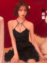 即日発送【ROBE de FLEURS/ローブドフルール】 ホルターネック/ リボン/ ビジュー/ シアー/ サテン/ 二段フリル/ ティアード/ フレア/ シフォン/ サテン/ フリル/ ミニドレス/ キャバドレス[OF08]