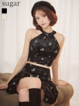 【予約商品/10月下旬発送予定】【ROBE de FLEURS/ローブドフルール】フラワーステッチ/ 刺繍/ ベロア/ ホルターネック/ リボン/ バルーン/ ストレッチ/ セットアップ/ フレア/ ミニドレス/ キャバドレス[OF08]