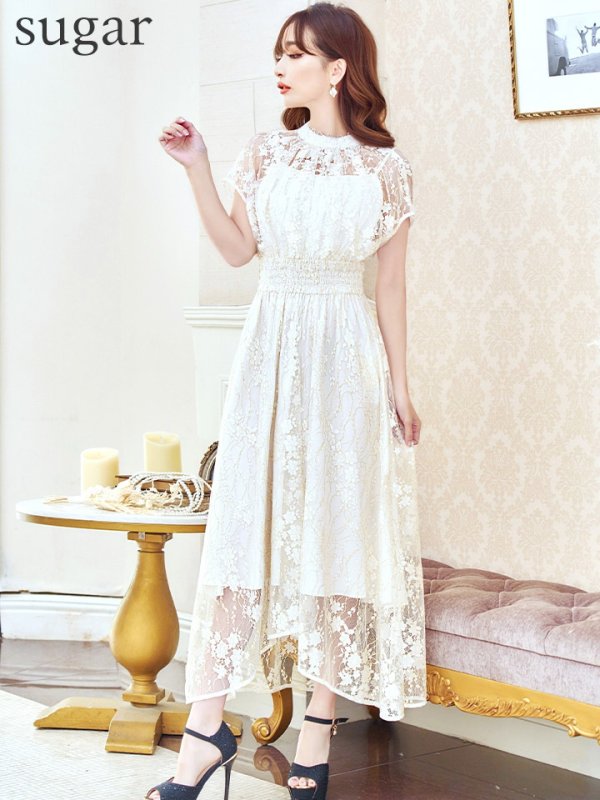 画像46: 【AMORA GRACE / アモーラグレース】 オケージョンドレス/ パーティードレス/ お呼ばれドレス/ 半袖/ 袖あり/ 総レース/ ハイネック/ タック/ ミディアム丈/ 膝丈/ ワンピース/ キャバドレス[OF05]