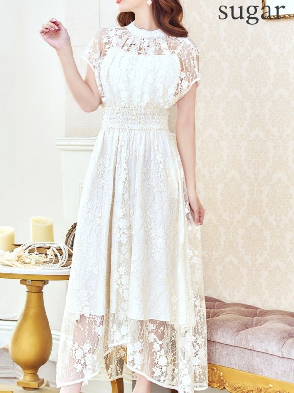 画像47: 【AMORA GRACE / アモーラグレース】 オケージョンドレス/ パーティードレス/ お呼ばれドレス/ 半袖/ 袖あり/ 総レース/ ハイネック/ タック/ ミディアム丈/ 膝丈/ ワンピース/ キャバドレス[OF05]