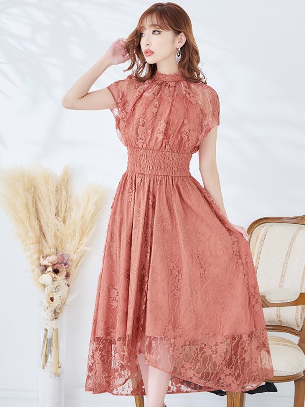 画像27: 【AMORA GRACE / アモーラグレース】 オケージョンドレス/ パーティードレス/ お呼ばれドレス/ 半袖/ 袖あり/ 総レース/ ハイネック/ タック/ ミディアム丈/ 膝丈/ ワンピース/ キャバドレス[OF05]