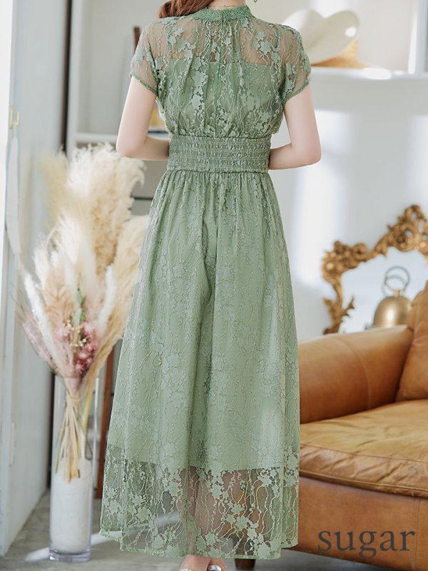 画像8: 【AMORA GRACE / アモーラグレース】 オケージョンドレス/ パーティードレス/ お呼ばれドレス/ 半袖/ 袖あり/ 総レース/ ハイネック/ タック/ ミディアム丈/ 膝丈/ ワンピース/ キャバドレス[OF05]