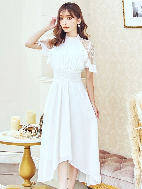 画像4: Lサイズあり【AMORA GRACE / アモーラグレース】 オケージョンドレス/ パーティードレス/ お呼ばれドレス/ ハイネック/ レース/ 袖あり/ Aライン/ ミモレ丈/ ワンピース/ キャバドレス[OF05]