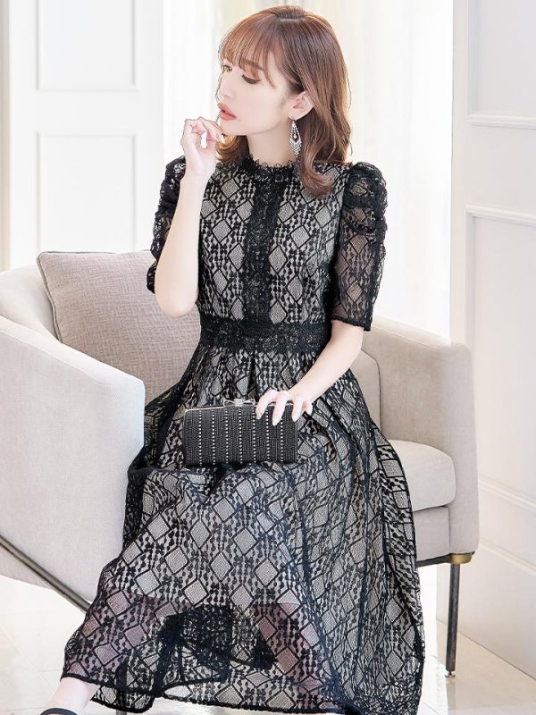 画像4: 【AMORA GRACE / アモーラグレース】 オケージョンドレス/ パーティードレス/ お呼ばれドレス/ 総レース/ パフスリーブ/ 袖あり/ 五分袖/ ミモレ丈/ ワンピース/ キャバドレス[OF05]