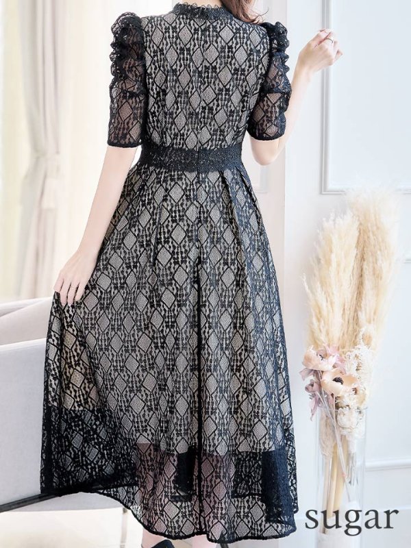 画像9: 【AMORA GRACE / アモーラグレース】 オケージョンドレス/ パーティードレス/ お呼ばれドレス/ 総レース/ パフスリーブ/ 袖あり/ 五分袖/ ミモレ丈/ ワンピース/ キャバドレス[OF05]