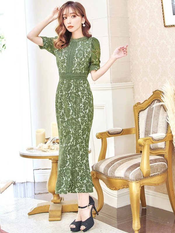 画像6: 【AMORA GRACE / アモーラグレース】 オケージョンドレス/ パーティードレス/ お呼ばれドレス/ 総レース/ パフスリーブ/ 袖あり/ 五分袖/ ミモレ丈/ マーメイド/ ワンピース/ キャバドレス[OF05]