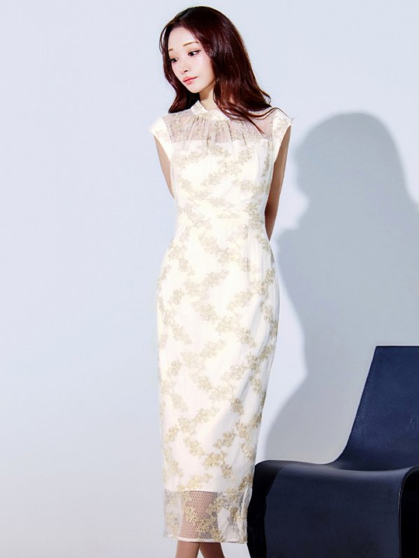 画像3: XLサイズあり【AMORA GRACE / アモーラグレース】 オケージョンドレス/ パーティードレス/ お呼ばれドレス/ 総レース/ ハイネック/ フレンチスリーブ/ ミモレ丈/ ワンピース/ キャバドレス[OF05]