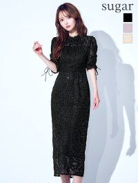 XLサイズあり【AMORA GRACE / アモーラグレース】 オケージョンドレス/ パーティードレス/ お呼ばれドレス/ 総レース/ ハイネック/ ギャザースリーブ/ ハイウエスト/ ミモレ丈/ ワンピース/ キャバドレス[OF05]