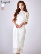 XLサイズあり【AMORA GRACE / アモーラグレース】 オケージョンドレス/ パーティードレス/ お呼ばれドレス/ 総レース/ ハイネック/ ギャザースリーブ/ ハイウエスト/ ミモレ丈/ ワンピース/ キャバドレス[OF05]