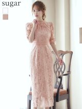 XLサイズあり【AMORA GRACE / アモーラグレース】 オケージョンドレス/ パーティードレス/ お呼ばれドレス/ 総レース/ ハイネック/ ギャザースリーブ/ ハイウエスト/ ミモレ丈/ ワンピース/ キャバドレス[OF05]