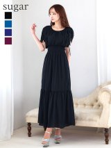 XLサイズあり【AMORA GRACE / アモーラグレース】 オケージョンドレス/ パーティードレス/ お呼ばれドレス/ 無地/ ハーフスリーブ/ ドロスト/ ギャザー/ フレア/ ミモレ丈/ ワンピース/ ミディアムドレス/ キャバドレス[OF05]