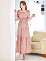 XLサイズあり【AMORA GRACE / アモーラグレース】 オケージョンドレス/ パーティードレス/ お呼ばれドレス/ ドット/ ハーフスリーブ/ ドロスト/ ギャザー/ フレア/ ミモレ丈/ ワンピース/ ミディアムドレス/ キャバドレス[OF05]