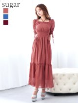 XLサイズあり【AMORA GRACE / アモーラグレース】 オケージョンドレス/ パーティードレス/ お呼ばれドレス/ ドット/ ハーフスリーブ/ ドロスト/ ギャザー/ フレア/ ミモレ丈/ ワンピース/ ミディアムドレス/ キャバドレス[OF05]