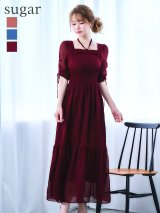 XLサイズあり【AMORA GRACE / アモーラグレース】 オケージョンドレス/ パーティードレス/ お呼ばれドレス/ ドット/ ハーフスリーブ/ ドロスト/ ギャザー/ フレア/ ミモレ丈/ ワンピース/ ミディアムドレス/ キャバドレス[OF05]