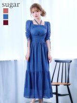 XLサイズあり【AMORA GRACE / アモーラグレース】 オケージョンドレス/ パーティードレス/ お呼ばれドレス/ ドット/ ハーフスリーブ/ ドロスト/ ギャザー/ フレア/ ミモレ丈/ ワンピース/ ミディアムドレス/ キャバドレス[OF05]