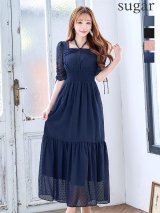 XLサイズあり【AMORA GRACE / アモーラグレース】 オケージョンドレス/ パーティードレス/ お呼ばれドレス/ ドット/ ハーフスリーブ/ ドロスト/ ギャザー/ フレア/ ミモレ丈/ ワンピース/ ミディアムドレス/ キャバドレス[OF05]