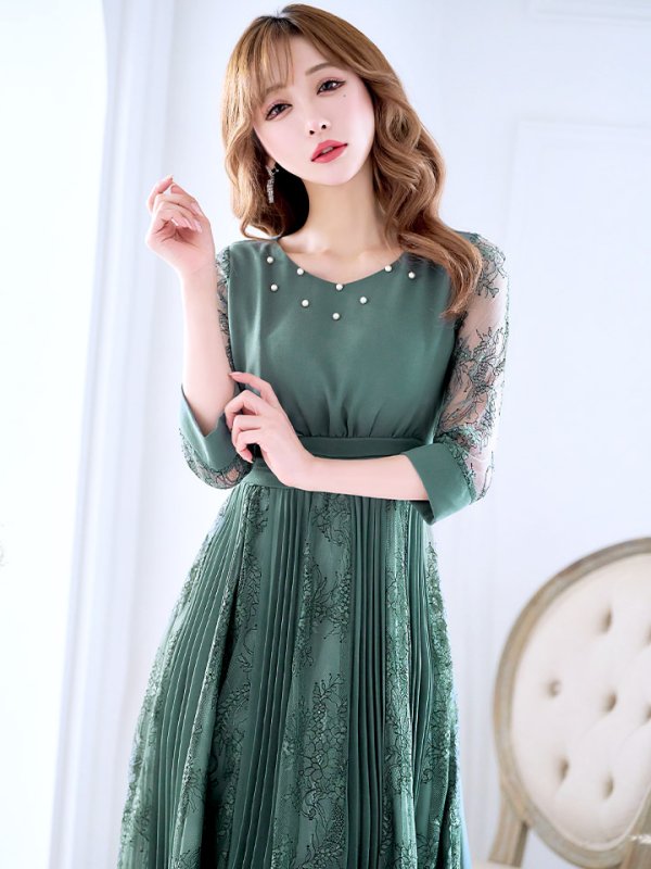 画像3: 【AMORA GRACE / アモーラグレース】 オケージョンドレス/ パーティードレス/ お呼ばれドレス/ プリーツ/ Aライン/ 総レース/ 袖あり/ 七分袖/ ミモレ丈/ ワンピース/ キャバドレス[OF05]