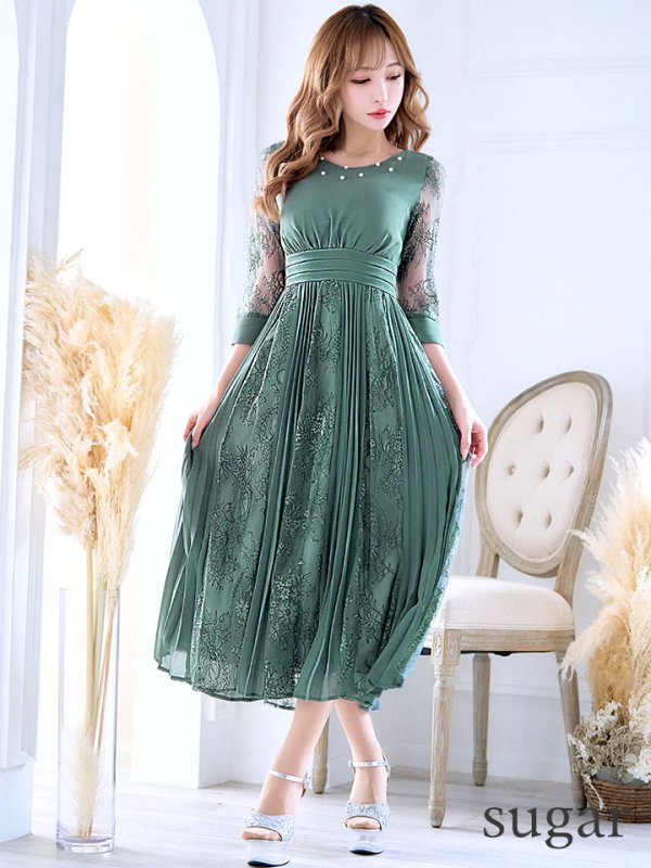 画像7: 【AMORA GRACE / アモーラグレース】 オケージョンドレス/ パーティードレス/ お呼ばれドレス/ プリーツ/ Aライン/ 総レース/ 袖あり/ 七分袖/ ミモレ丈/ ワンピース/ キャバドレス[OF05]