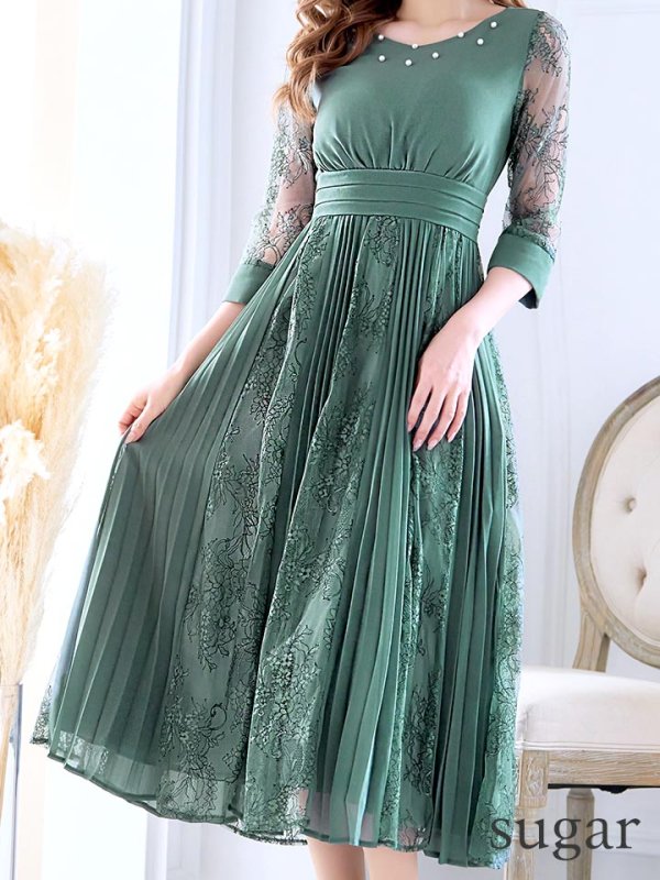 画像8: 【AMORA GRACE / アモーラグレース】 オケージョンドレス/ パーティードレス/ お呼ばれドレス/ プリーツ/ Aライン/ 総レース/ 袖あり/ 七分袖/ ミモレ丈/ ワンピース/ キャバドレス[OF05]