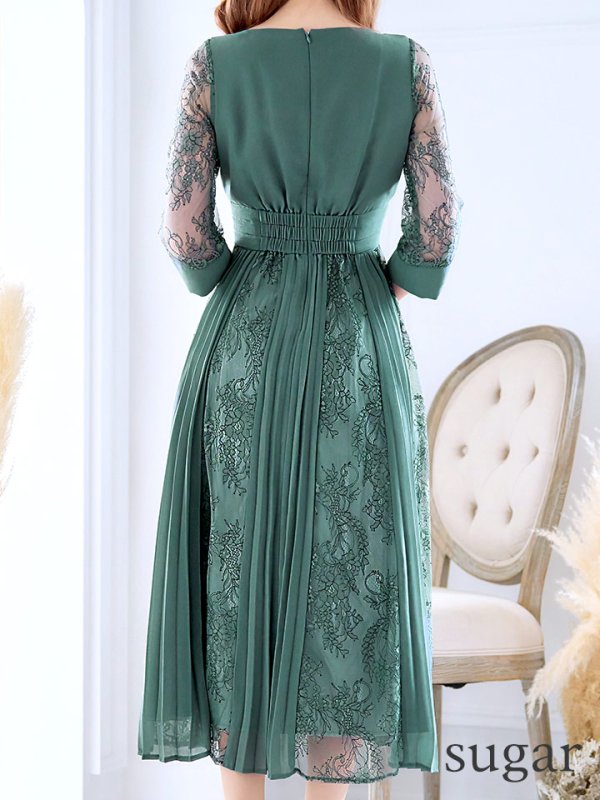 画像9: 【AMORA GRACE / アモーラグレース】 オケージョンドレス/ パーティードレス/ お呼ばれドレス/ プリーツ/ Aライン/ 総レース/ 袖あり/ 七分袖/ ミモレ丈/ ワンピース/ キャバドレス[OF05]