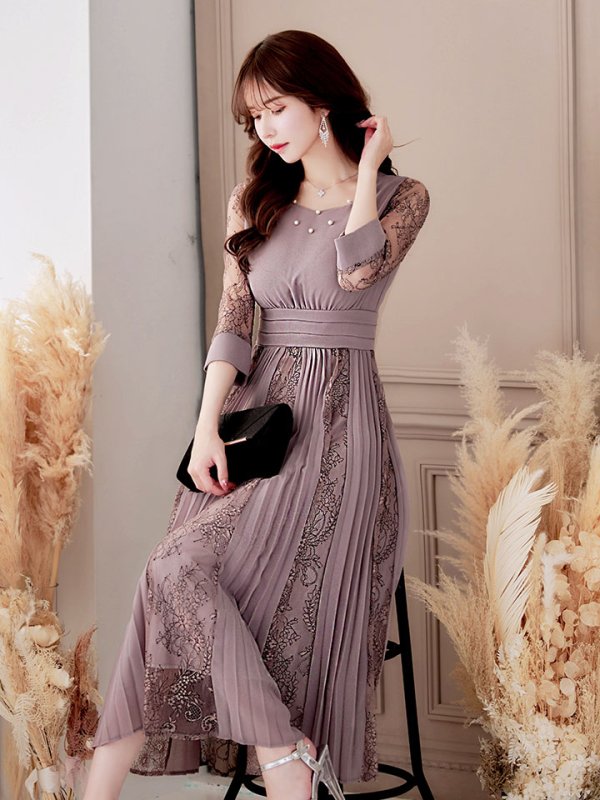 画像3: 【AMORA GRACE / アモーラグレース】 オケージョンドレス/ パーティードレス/ お呼ばれドレス/ プリーツ/ Aライン/ 総レース/ 袖あり/ 七分袖/ ミモレ丈/ ワンピース/ キャバドレス[OF05]