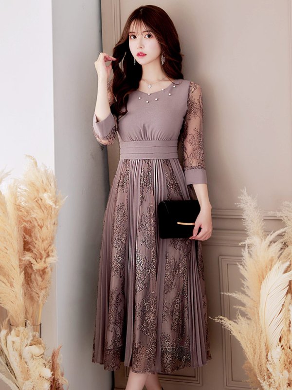 画像4: 【AMORA GRACE / アモーラグレース】 オケージョンドレス/ パーティードレス/ お呼ばれドレス/ プリーツ/ Aライン/ 総レース/ 袖あり/ 七分袖/ ミモレ丈/ ワンピース/ キャバドレス[OF05]