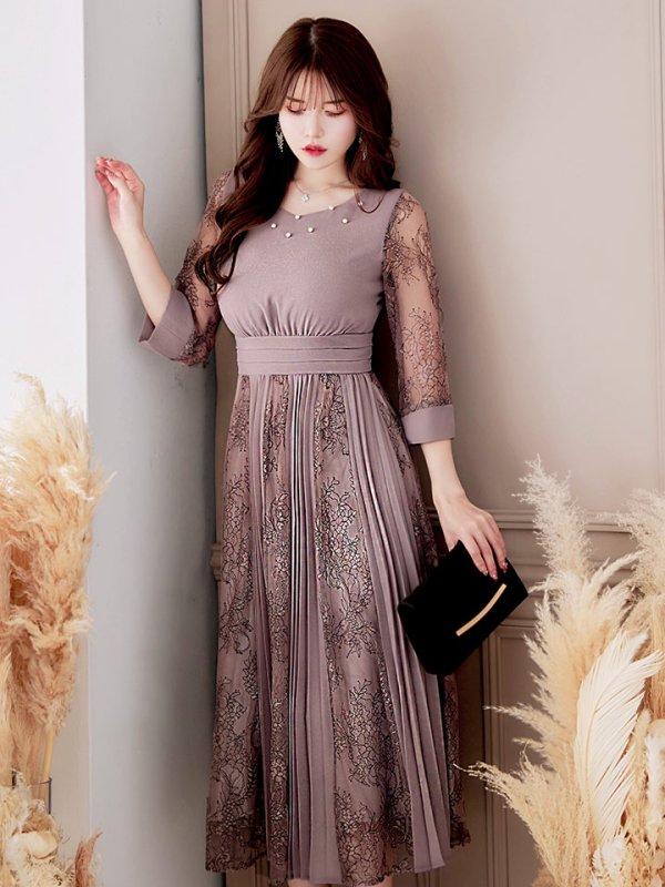 画像5: 【AMORA GRACE / アモーラグレース】 オケージョンドレス/ パーティードレス/ お呼ばれドレス/ プリーツ/ Aライン/ 総レース/ 袖あり/ 七分袖/ ミモレ丈/ ワンピース/ キャバドレス[OF05]