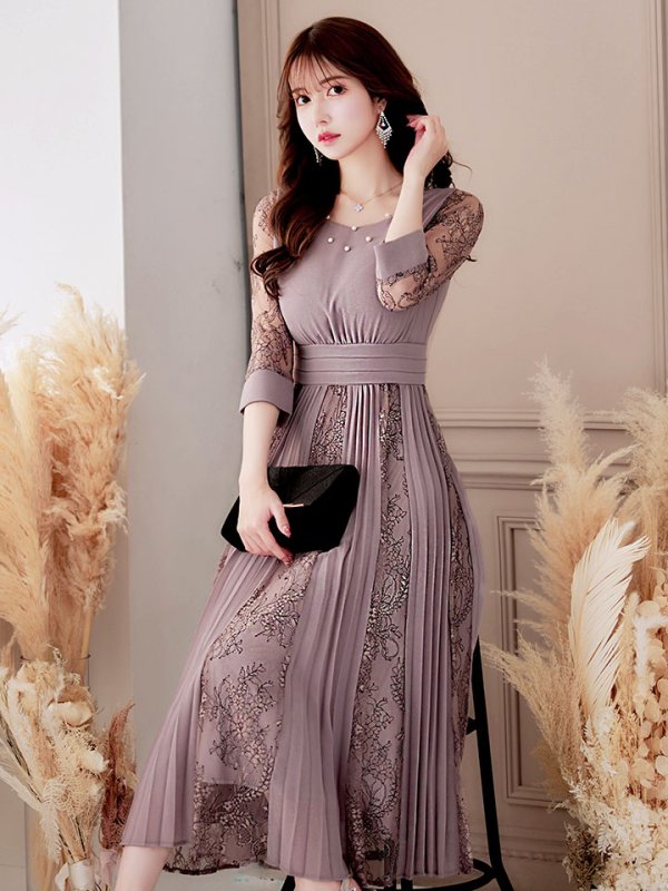 画像6: 【AMORA GRACE / アモーラグレース】 オケージョンドレス/ パーティードレス/ お呼ばれドレス/ プリーツ/ Aライン/ 総レース/ 袖あり/ 七分袖/ ミモレ丈/ ワンピース/ キャバドレス[OF05]