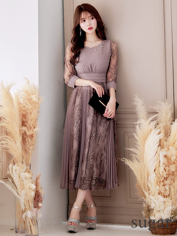 画像7: 【AMORA GRACE / アモーラグレース】 オケージョンドレス/ パーティードレス/ お呼ばれドレス/ プリーツ/ Aライン/ 総レース/ 袖あり/ 七分袖/ ミモレ丈/ ワンピース/ キャバドレス[OF05]