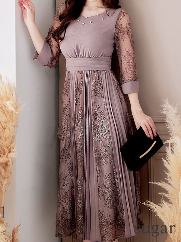 画像8: 【AMORA GRACE / アモーラグレース】 オケージョンドレス/ パーティードレス/ お呼ばれドレス/ プリーツ/ Aライン/ 総レース/ 袖あり/ 七分袖/ ミモレ丈/ ワンピース/ キャバドレス[OF05]