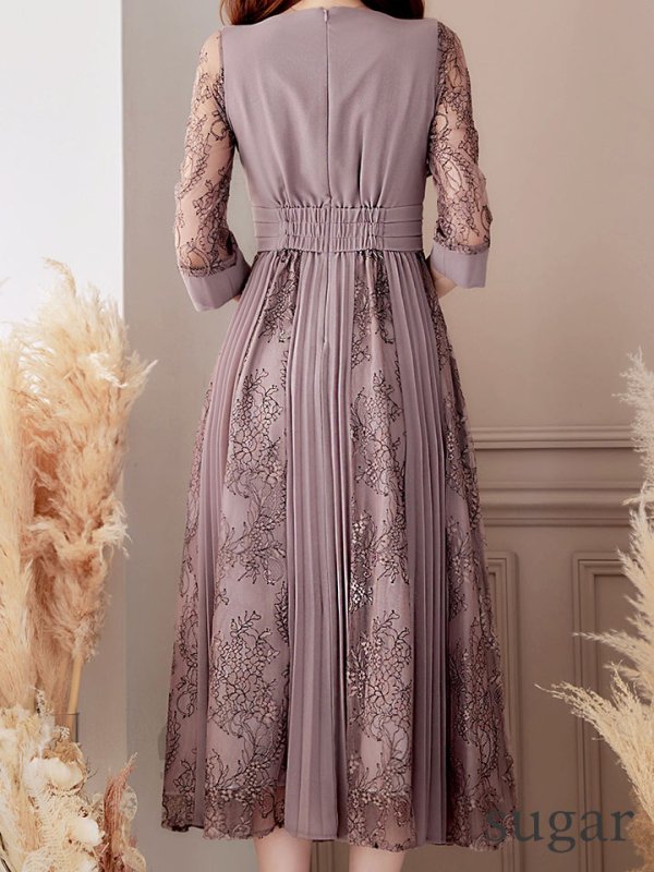 画像9: 【AMORA GRACE / アモーラグレース】 オケージョンドレス/ パーティードレス/ お呼ばれドレス/ プリーツ/ Aライン/ 総レース/ 袖あり/ 七分袖/ ミモレ丈/ ワンピース/ キャバドレス[OF05]