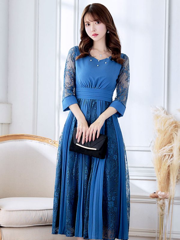 画像3: 【AMORA GRACE / アモーラグレース】 オケージョンドレス/ パーティードレス/ お呼ばれドレス/ プリーツ/ Aライン/ 総レース/ 袖あり/ 七分袖/ ミモレ丈/ ワンピース/ キャバドレス[OF05]