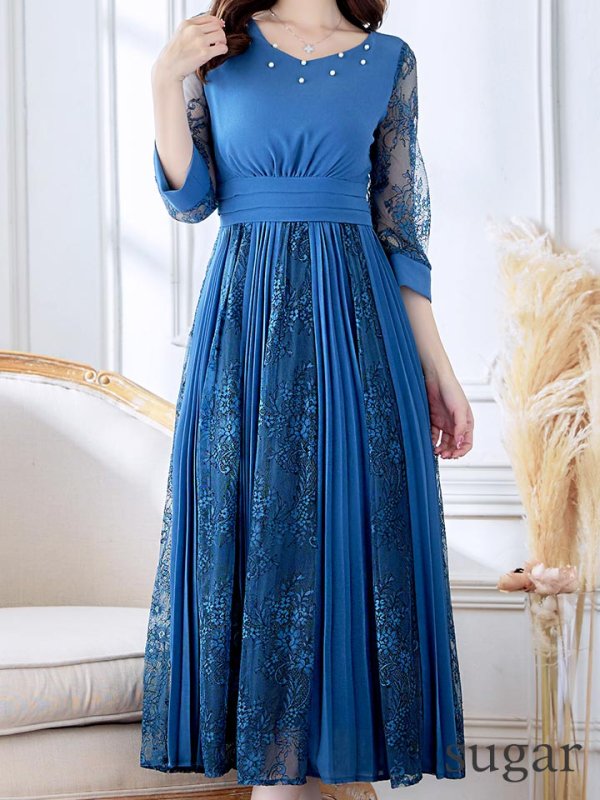 画像8: 【AMORA GRACE / アモーラグレース】 オケージョンドレス/ パーティードレス/ お呼ばれドレス/ プリーツ/ Aライン/ 総レース/ 袖あり/ 七分袖/ ミモレ丈/ ワンピース/ キャバドレス[OF05]