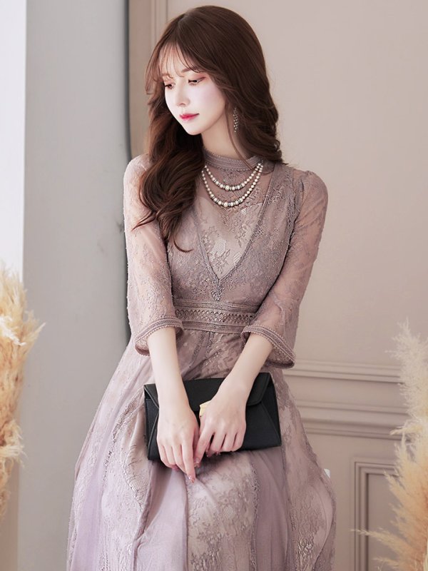 画像5: 【AMORA GRACE / アモーラグレース】 オケージョンドレス/ パーティードレス/ お呼ばれドレス/ アクセサリー付き/ 総レース/ 袖あり/ 七分袖/ ミモレ丈/ ワンピース/ キャバドレス[OF05]