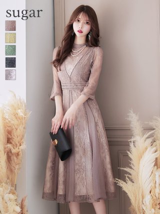【AMORA GRACE / アモーラグレース】 オケージョンドレス/ パーティードレス/ お呼ばれドレス/ アクセサリー付き/ 総レース/ 袖あり/ 七分袖/ ミモレ丈/ ワンピース/ キャバドレス