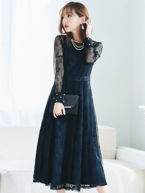 画像14: 【AMORA GRACE / アモーラグレース】 オケージョンドレス/ パーティードレス/ お呼ばれドレス/ アクセサリー付き/ 総レース/ 袖あり/ 長袖/ ミモレ丈/ ワンピース/ キャバドレス[OF05]