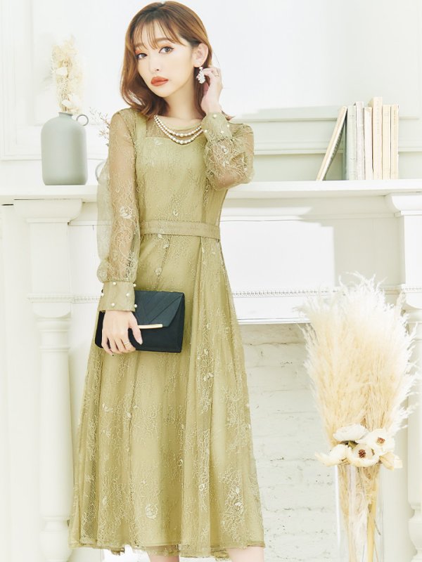 画像3: 【AMORA GRACE / アモーラグレース】 オケージョンドレス/ パーティードレス/ お呼ばれドレス/ アクセサリー付き/ 総レース/ 袖あり/ 長袖/ ミモレ丈/ ワンピース/ キャバドレス[OF05]