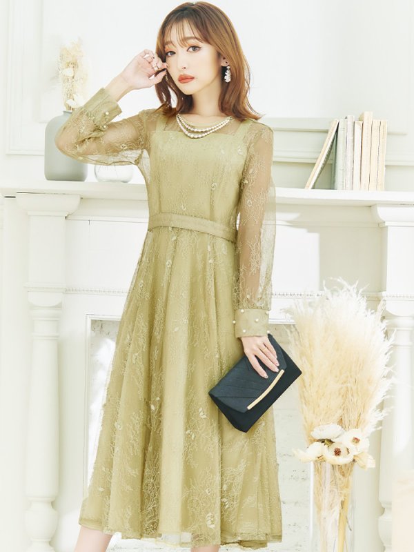 画像4: 【AMORA GRACE / アモーラグレース】 オケージョンドレス/ パーティードレス/ お呼ばれドレス/ アクセサリー付き/ 総レース/ 袖あり/ 長袖/ ミモレ丈/ ワンピース/ キャバドレス[OF05]