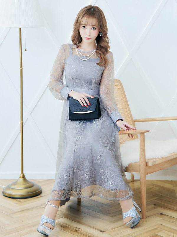 画像30: 【AMORA GRACE / アモーラグレース】 オケージョンドレス/ パーティードレス/ お呼ばれドレス/ アクセサリー付き/ 総レース/ 袖あり/ 長袖/ ミモレ丈/ ワンピース/ キャバドレス[OF05]